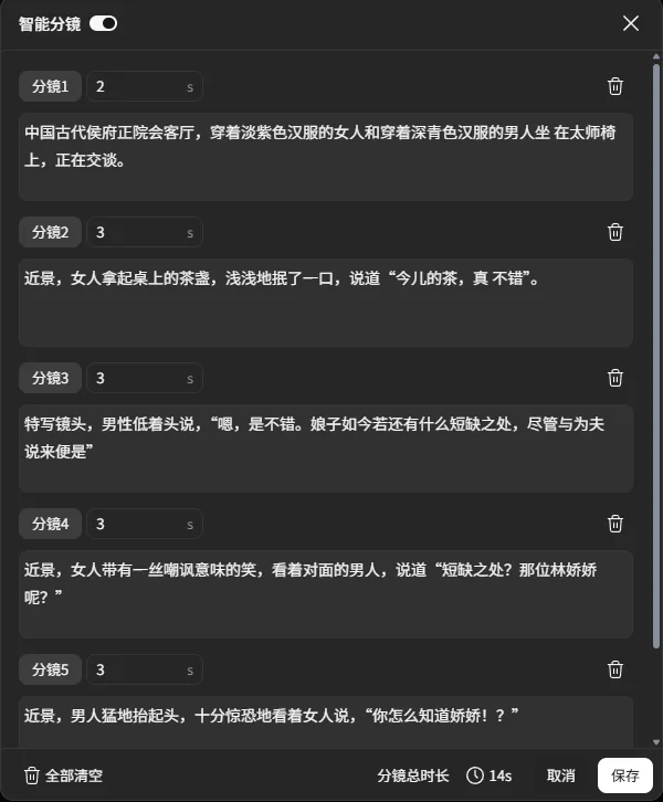 图片展示的是可灵图生视频的分镜设置界面。界面上方有“智能分镜”开关,下方有多个分镜设置区域,每个区域包含分镜编号、时长和描述。如分镜1描述为“中国古代侯府正院会客厅,穿着淡紫色汉服的女人和穿着深青色汉服的男人坐 在太师椅上,正在交谈”,分镜总时长显示为14s。该图片与上下文紧密相关,直观呈现了可灵支持自定义分镜,通过提示词拆分镜头以生成人物对话正反打镜头的操作方式。