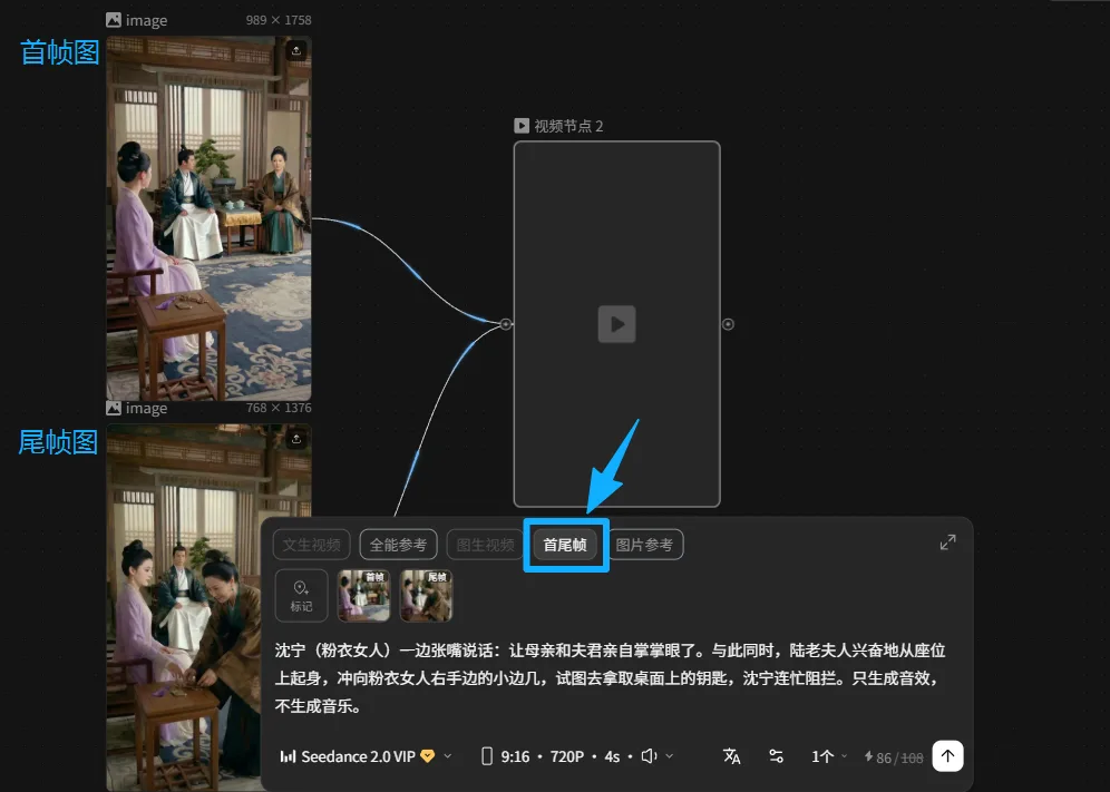 图片展示了Seedance 2.0中首尾帧的界面。左侧为视频画面,标注“首帧图”和“尾帧图”,分别对应视频开头和结尾的场景。右侧是视频节点编辑区域,有“视频节点1”和“视频节点2”,其中“视频节点2”被蓝色箭头指向。下方是参考图选择区域,有“文本视频”“全部参考”“图生视频”“图片参考”选项,其中“图生视频”被蓝色框突出显示。该图与上下文介绍的首尾帧功能和作用相关,直观呈现了首尾帧在视频生成中的应用。