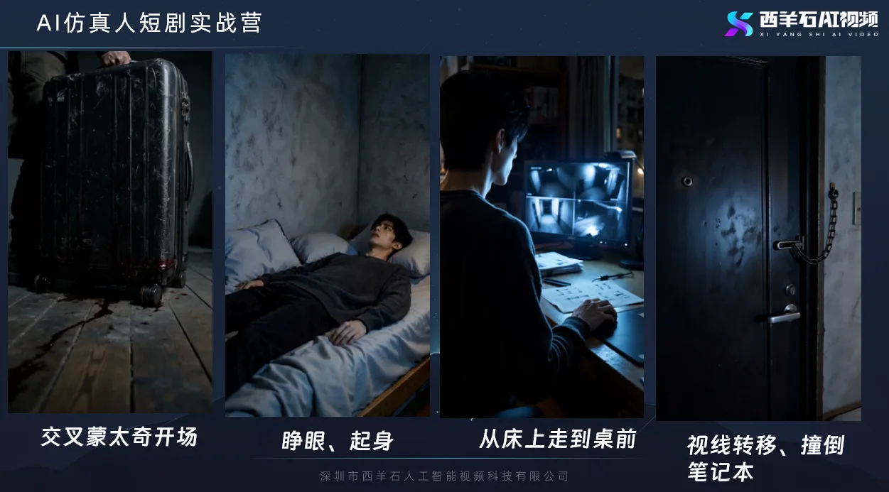 图片展示了AI仿真人短剧实战营中视频分镜的四个场景。左侧是交叉蒙太奇开场,画面中有一只手推着一个行李箱;中间是睁眼、起身,画面中人物躺在床上;右侧是人物从床上走到桌前,画面中人物面对着电脑;最右侧是视线转移、撞倒笔记本,画面中人物撞倒了笔记本。这些场景对应视频分镜提示词模板中开场状态、结束状态的示例,直观呈现了视频分镜的视觉效果。