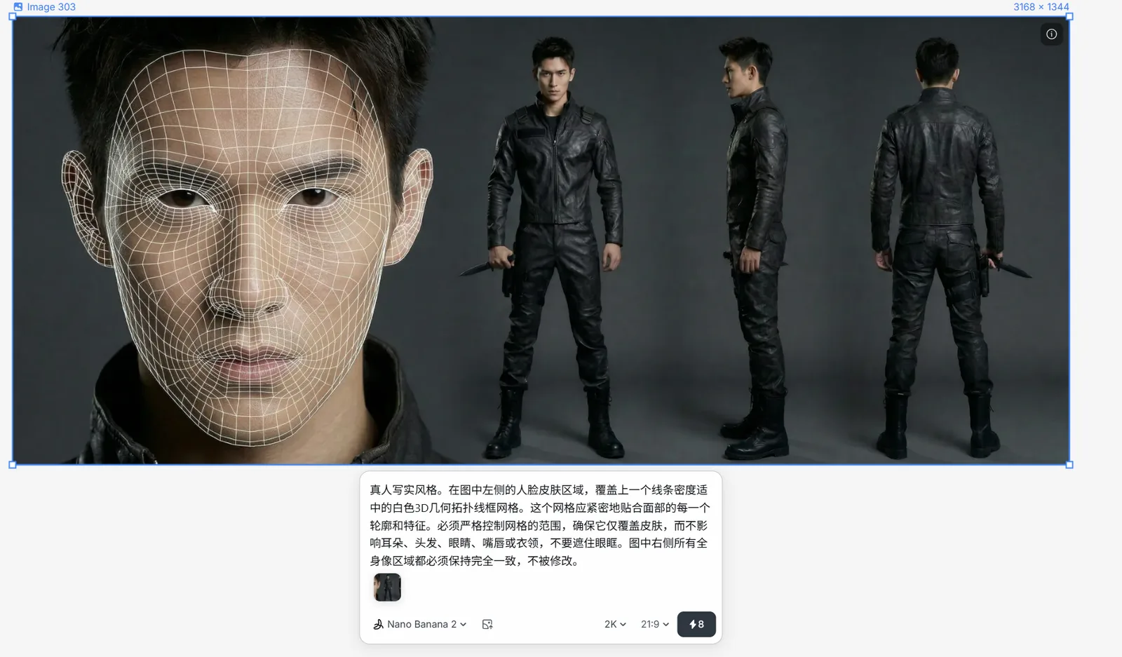 图片展示了一位男士全身像,脸部有网格覆盖,其右侧有三个不同角度的全身像。图片下方文字说明需严格控制网格范围,确保仅覆盖皮肤,不遮住耳朵、头发、眼睛、嘴唇或衣领,且图中右侧所有全身像区域需保持一致。该图片与上文提到的Seedance 2.0脸部加网格技巧相关,直观呈现了网格覆盖及全身像保持一致的要求,辅助理解脸部网格使用规范。