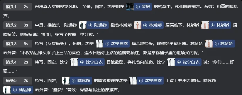 图片展示的是可灵视频3.0 Omni智能分镜功能的分镜提示词界面。界面上方有“镜头1”“镜头2”等编号,每个镜头后有时长及描述,如“采用真人实拍视觉风格,全景,固定,沈宁倒在柴房的枯草中,死死瞪着前方”。画面中还出现多个角色名称,如“陆远铮”“林娇娇”等,以及一些音效提示,如“粗重的喘息声”“骨骼与泥土的摩擦声”。该图片与上下文介绍的可灵视频3.0 Omni智能分镜功能相契合,直观呈现了其分镜提示词的样式和内容。