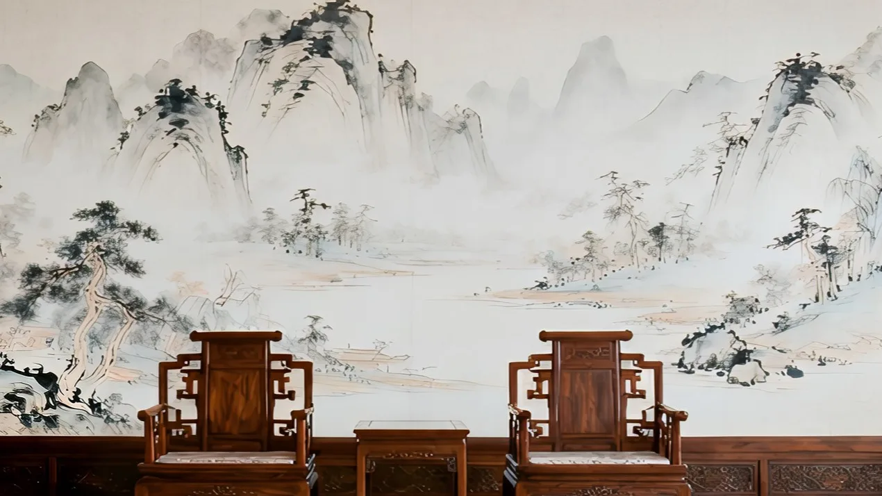 图片展示了一幅中国风的山水画背景,画面中有连绵的山峰、树木和河流,以淡雅的水墨画风呈现。前景是两把木质椅子,椅子设计古朴,椅背上有精美的雕刻图案。该图片与文档中“视频改背景”部分内容相关,可能是用于演示或说明视频改背景功能时的背景场景,直观呈现了视频背景的样式效果。