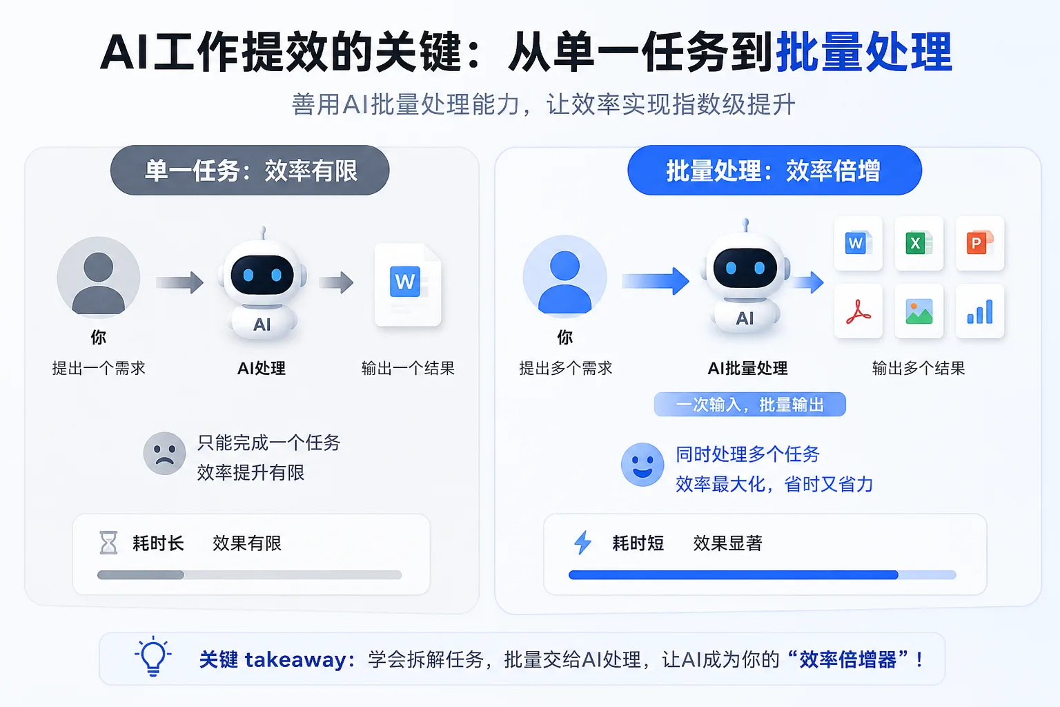 图片展示了AI工作提效的关键,从单一任务到批量处理。左侧为单一任务处理,你提出需求,AI处理后输出一个结果,耗时长,效果有限,只能完成一个任务,效率提升有限。右侧为批量处理,你提出多个需求,AI批量处理,一次输入批量输出,同时处理多个任务,效率最大化,省时又省力,耗时短,效果显著。图片强调学会拆解任务,批量交给AI处理,让AI成为“效率倍增器”。