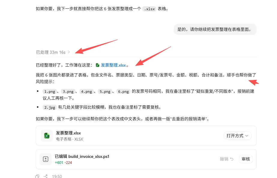 图片展示了Codex处理发票并整理成Excel台账的反馈信息。上方显示已处理33m16s,下方说明已整理好,工作簿在“发票整理.xlsx”中,包含文件名、票据类型、日期、票号/发票号、金额、税额、合计和备注等信息,并对发票号码相同、关键字段模糊等进行了风险提示。图片与上下文紧密相关,是对上文提到的使用Codex/Workbuddy批量识别发票并整理成Excel台账操作结果的呈现。