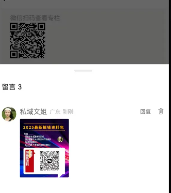 图片展示的是公众号评论区引流方式示例。画面中显示“留言3”,评论人“私域文姐”来自广东,其留言内容为“2025最新搞钱资料包”,并附有两张二维码。上方有“微信扫码查看专栏”的提示。该图片与文档中“评论区引流”部分内容对应,直观呈现了通过在评论区发布引流信息,引导用户扫码获取资料包的引流方式。