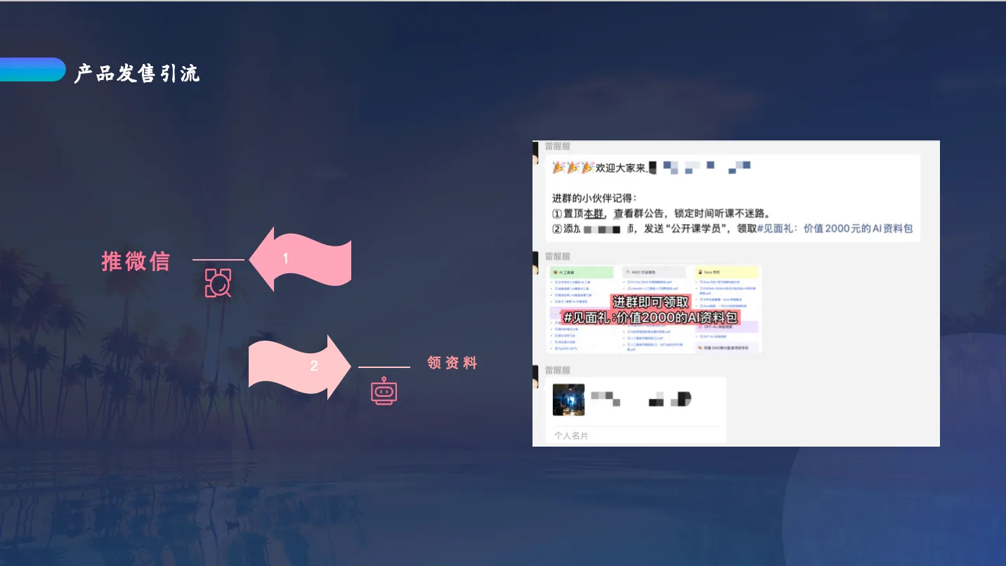 图片展示了产品发售引流的“推微信 - 领资料”步骤。左侧有“推微信”和“领资料”两个步骤标识,分别对应左侧的“1”和“2”。右侧是微信界面截图,显示“欢迎大家来”群,群公告中提到进群可领取价值2000元的AI资料包等福利。该图片与文档中“03钩子与物料设计”部分的“主海报必备要素”内容相关,直观呈现了进群福利这一关键要素。