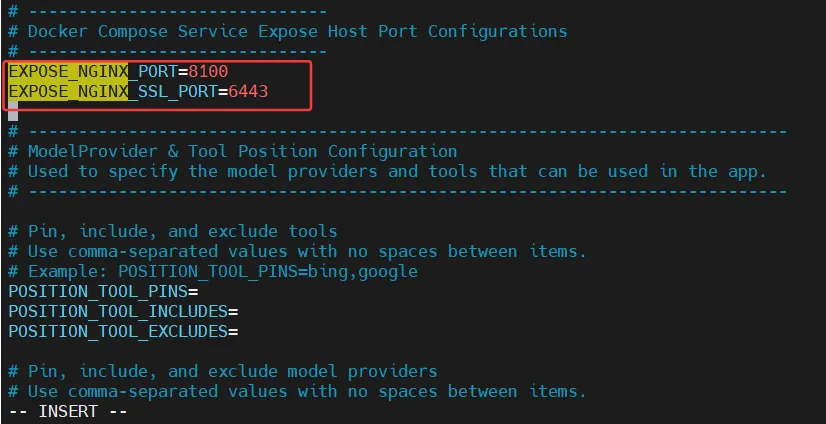 图片展示了Dify安装中Docker部署流程里Linux安装(CentOS Stream 9)步骤中,打开.env配置文件后找到的EXPOSE_NGINX_PORT和EXPOSE_NGINX_SSL_PORT配置项。其中EXPOSE_NGINX_PORT默认值为8100,EXPOSE_NGINX_SSL_PORT默认值为6443,这两个配置项是dify对外映射的两个端口,可自定义为8100和6443。该图片与上文提到的打开.env配置文件,找到这两个配置项的内容相呼应,直观呈现了配置项的具体位置和默认值。