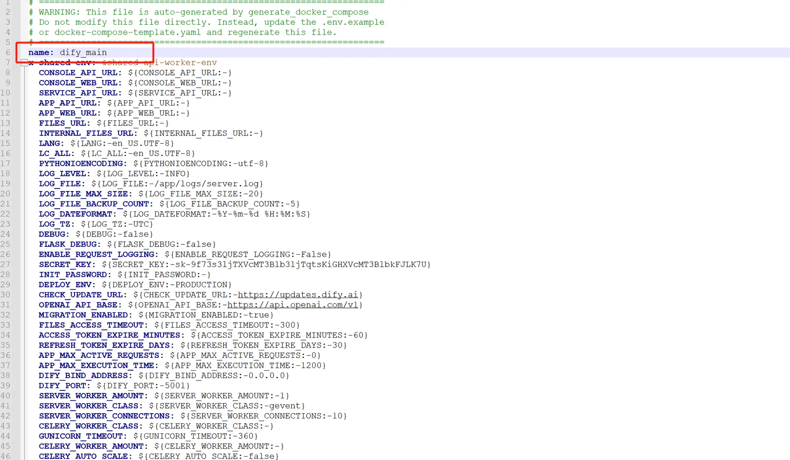 图片展示的是Dify项目中docker-compose.yaml文件的部分内容。文件头处有“name: dify_main”一行,用红色框突出显示。该文件包含多个变量定义,如CONSOLE_API_URL、SERVICE_API_URL等,还涉及LOG_FILE、LOG_FILE_BACKUP_COUNT等日志相关设置,以及OPENAI_API_BASE等API相关配置。此图片与上文“修改docker-compose.yaml文件,文件头增加name:dify - main”内容对应,直观呈现了修改后的文件样式。